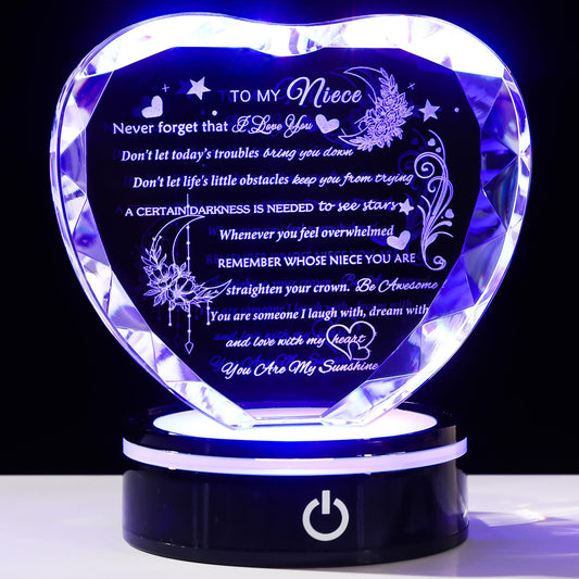 YWHL Niece Gifts from Auntie Uncle Heart Crystal Inspirational Graduation Gift for Niece with Colorful LED Base Unique Niece Gifts from Aunt on Birthday Christmas Valentine Day