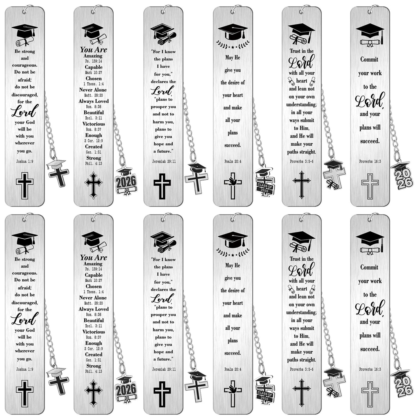 12 Pcs Metal Bible Verse Bookmark Christian Graduation Gifts Inspirational Cross Chain Religious Graduation Gift Class of 2026 for Graduates College High Middle School Student Grad Him Her