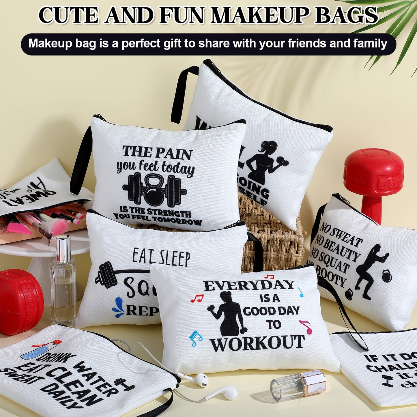 8 Pcs Workout Cosmetic Bags Workout Gifts Funny Sports Lover Gym Gifts Gym Fitness Makeup Bags for Women Body Builder Zipper Pouch for Fitness Bodybuilding Lovers