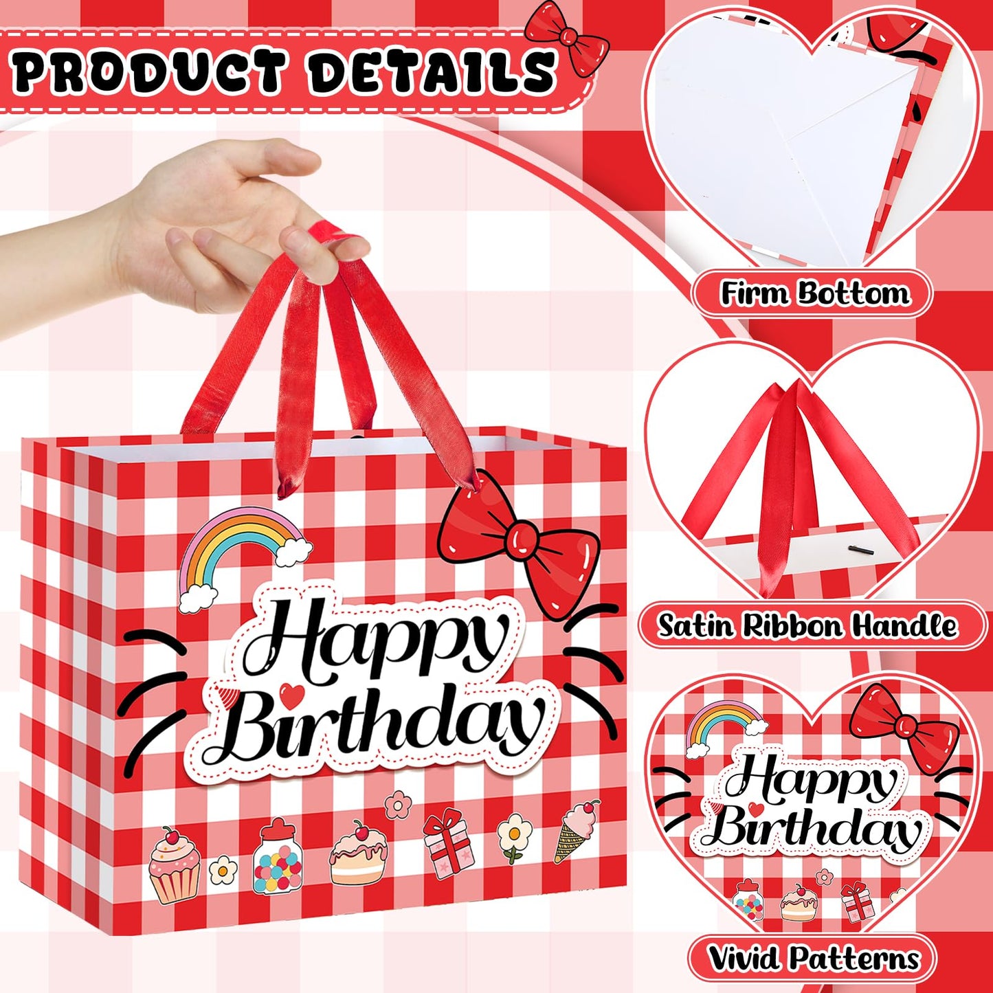 Red Gingham Cat Gift Bag Kawaii Cartoon Birthday Bag with Greeting Card & Tissue Paper - Rainbow Bowknot Cherry Sweet Party Favor Bag for Girls, Kids, Baby Shower, Picnic Party Supplies