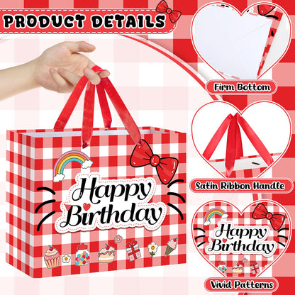 Red Gingham Cat Gift Bag Kawaii Cartoon Birthday Bag with Greeting Card & Tissue Paper - Rainbow Bowknot Cherry Sweet Party Favor Bag for Girls, Kids, Baby Shower, Picnic Party Supplies
