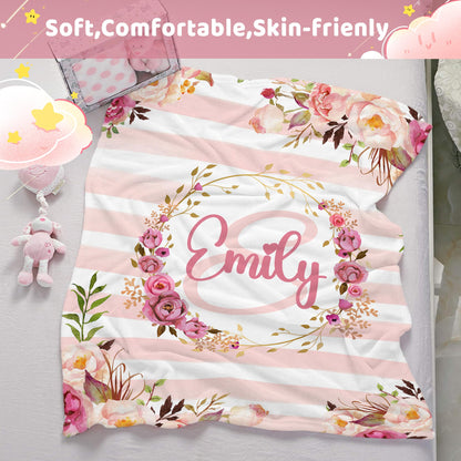 Personalized Baby Blanket for Girls with Name, Custom Baby Girl Blanket, Soft Receiving Blanket for Newborn, Personalized Baby Gifts & Personalized Blankets for Kids(Flroal Name-c)