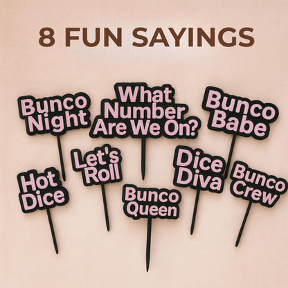 Bunco Cupcake Toppers – 8 Fun Bunco Sayings – Reusable Party Picks for Cupcakes & Snacks – Great Bunco Gift or Door Prize
