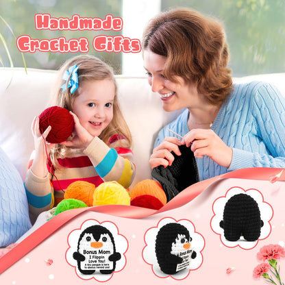 CryCarrot Mini Funny Bonus Mom Gifts for Birthday Mothers Day, Handmade Crochet Penguin for Bonus Mom from Daughter Son, BonusMom Gifts for Birthday Mother‘s Day Christmas Cute Decor