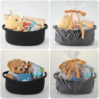 Small Woven Gift Basket Empty with Bag & Ribbon - Gifts for Mom, Baby Shower, Birthdays & Raffle - Cotton Rope Storage Basket for Dog Toys or Shelf - 12"x8"x5", Black
