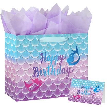 Yusenguan 13" Large Mermaid Happy Birthday Gift Bag with Tissue Paper, Greeting Card and Handle for Kids, Girls Birthday Party