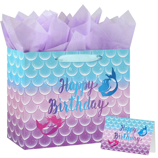 Yusenguan 13" Large Mermaid Happy Birthday Gift Bag with Tissue Paper, Greeting Card and Handle for Kids, Girls Birthday Party