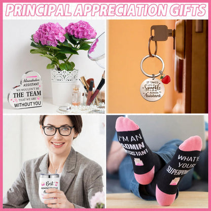 FoldTier 5 Pcs Administrative Assistant Gifts Set 12oz Tumbler Socks Keychain Heart Acrylic Sign Box Admin Professional Day Secretary Thank You Gift for Women Lady Coworkers Office