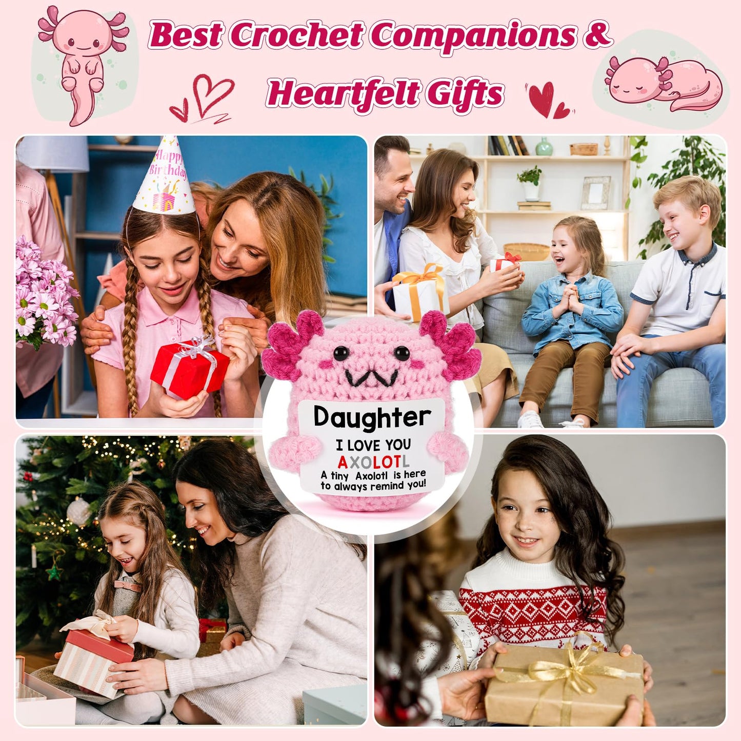 Daughter Gifts from Mom on Mothers Day, Handmade Crochet Axolotl Plush with I Love You Sign, Teen Girl Trendy Stuff, Birthday Christmas Valentines Easter Basket Stuffers for Tweens Kid