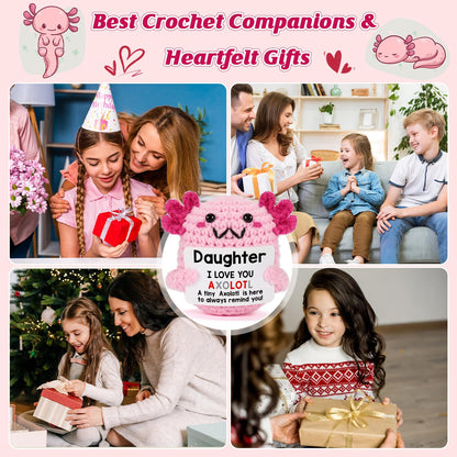 Daughter Gifts from Mom on Mothers Day, Handmade Crochet Axolotl Plush with I Love You Sign, Teen Girl Trendy Stuff, Birthday Christmas Valentines Easter Basket Stuffers for Tweens Kid
