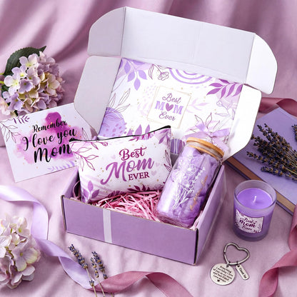 Bokon 6 Pcs Birthday Gifts for Mom Best Mom Ever Gifts Box Set with 16oz Glass Cup Scented Candle Makeup Bag from Daughter Son for Wife Mother Day Party(Purple)
