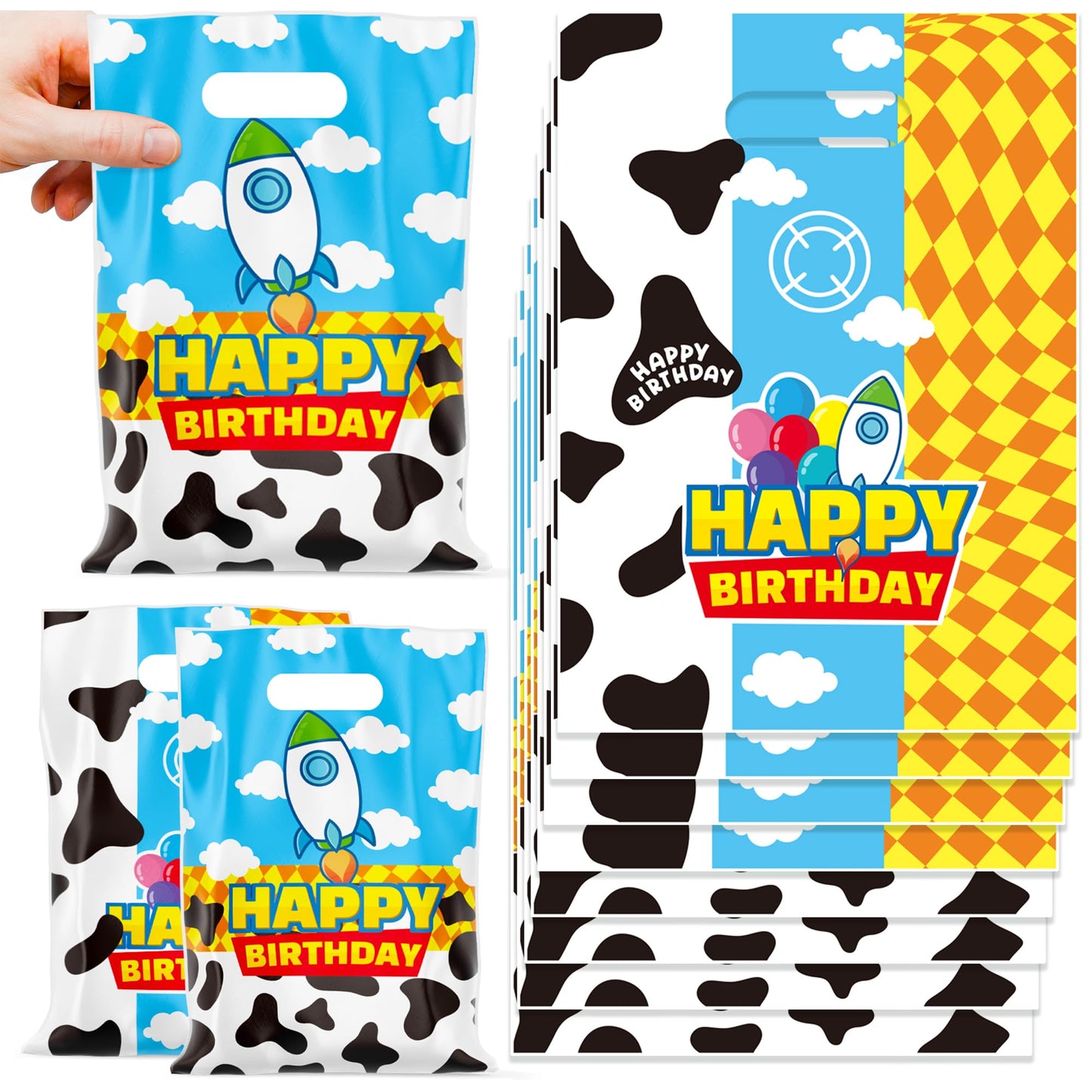 CHENRINDECO 50Pcs Cartoon Story Goodie Bags Cow Pattern Birthday Party Favor Bags Blue Sky White Cloud Plastic Bags with Handle for Toy Themed Birthday Party Supplies