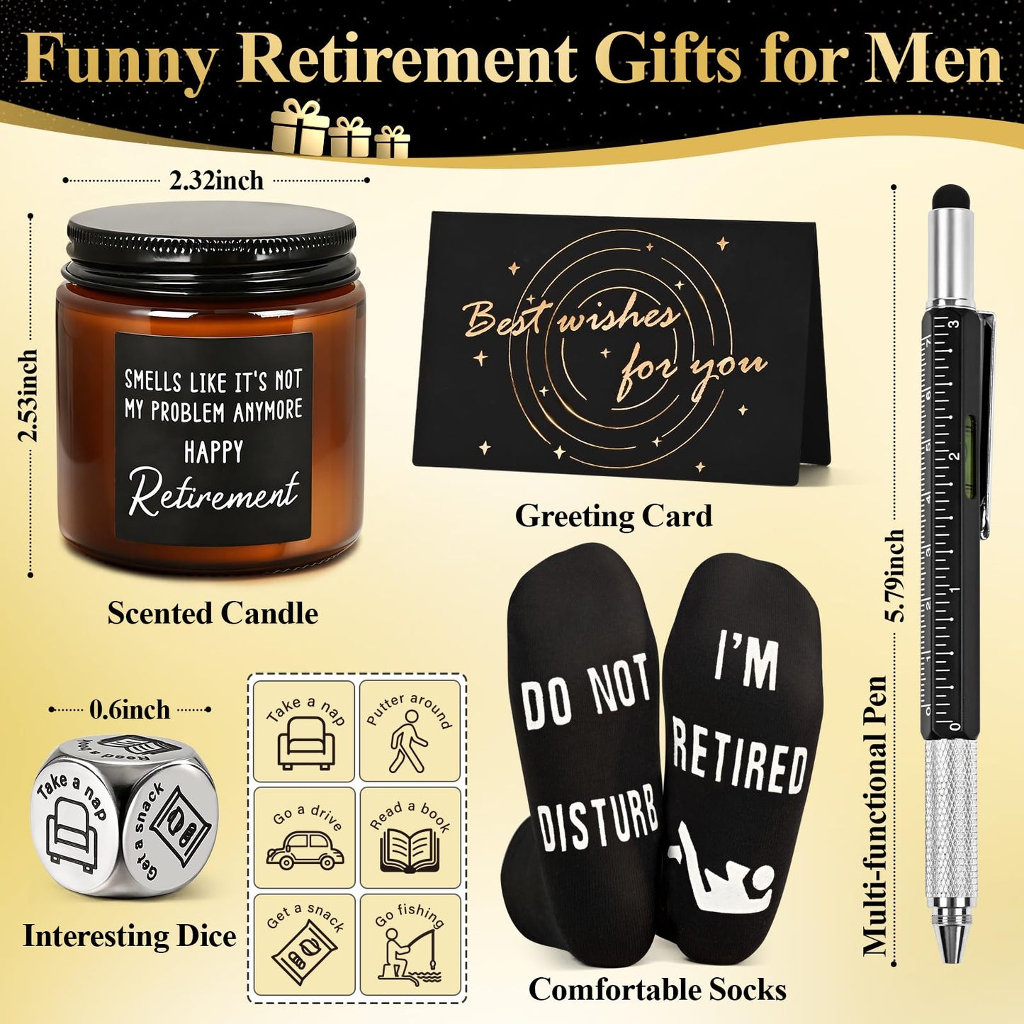 Cabtnca 8 Pcs Retirement Gifts for Men Funny Retirement Gift for Men 2026, for Coworker Dad Boss Grandpa Teachers, Includes Mug Hat Candle Socks Dice Pen Greeting Card, Retired Gifts for Man