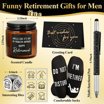 Cabtnca 8 Pcs Retirement Gifts for Men Funny Retirement Gift for Men 2026, for Coworker Dad Boss Grandpa Teachers, Includes Mug Hat Candle Socks Dice Pen Greeting Card, Retired Gifts for Man