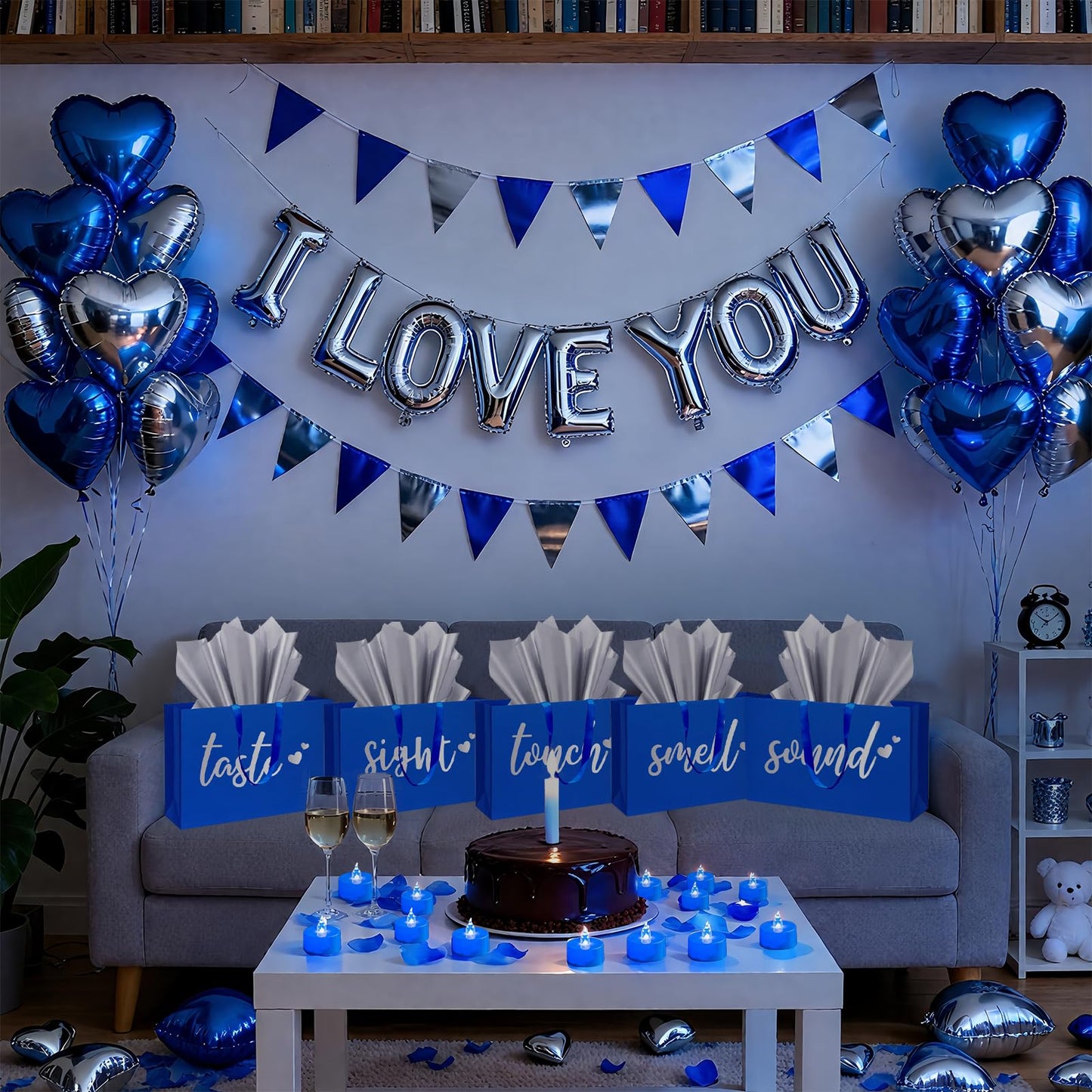 5 Senses Gift Bags Five Senses Gift Bags with Tissue Paper, Rose Petals, Balloons LED Tea Lights Party Decorations for Him Husband Boyfriend (Blue silver)