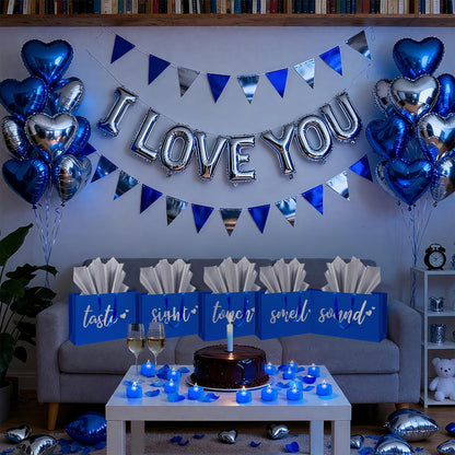 5 Senses Gift Bags Five Senses Gift Bags with Tissue Paper, Rose Petals, Balloons LED Tea Lights Party Decorations for Him Husband Boyfriend (Blue silver)