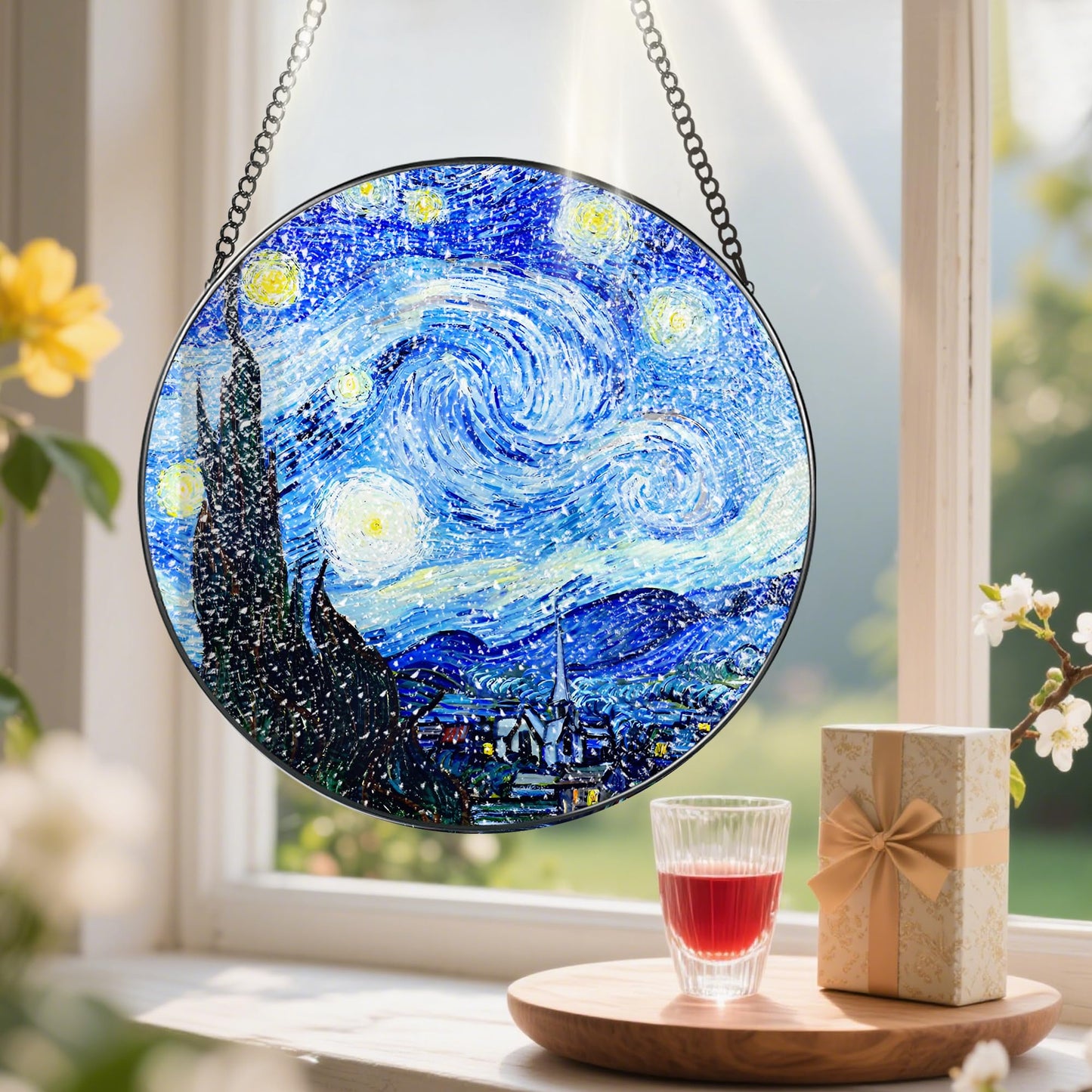 Stained Glass Window Hanging, Pauyadu Van Gogh Starry Night Sun Catchers, Stained Glass Suncatcher, Starry Night Decor Gifts for Her, Women, Art Lover, Friend - 8 Inch