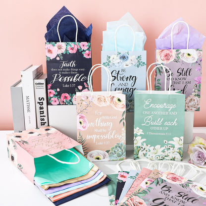 24Pcs Religious Christian Gift Bags Spring Classic Bible Verse Floral Paper Bags Inspirational Motivational Flower Treat Bag with Tissues Christian Church Gifts for Women Wedding Baptism Birthday Part
