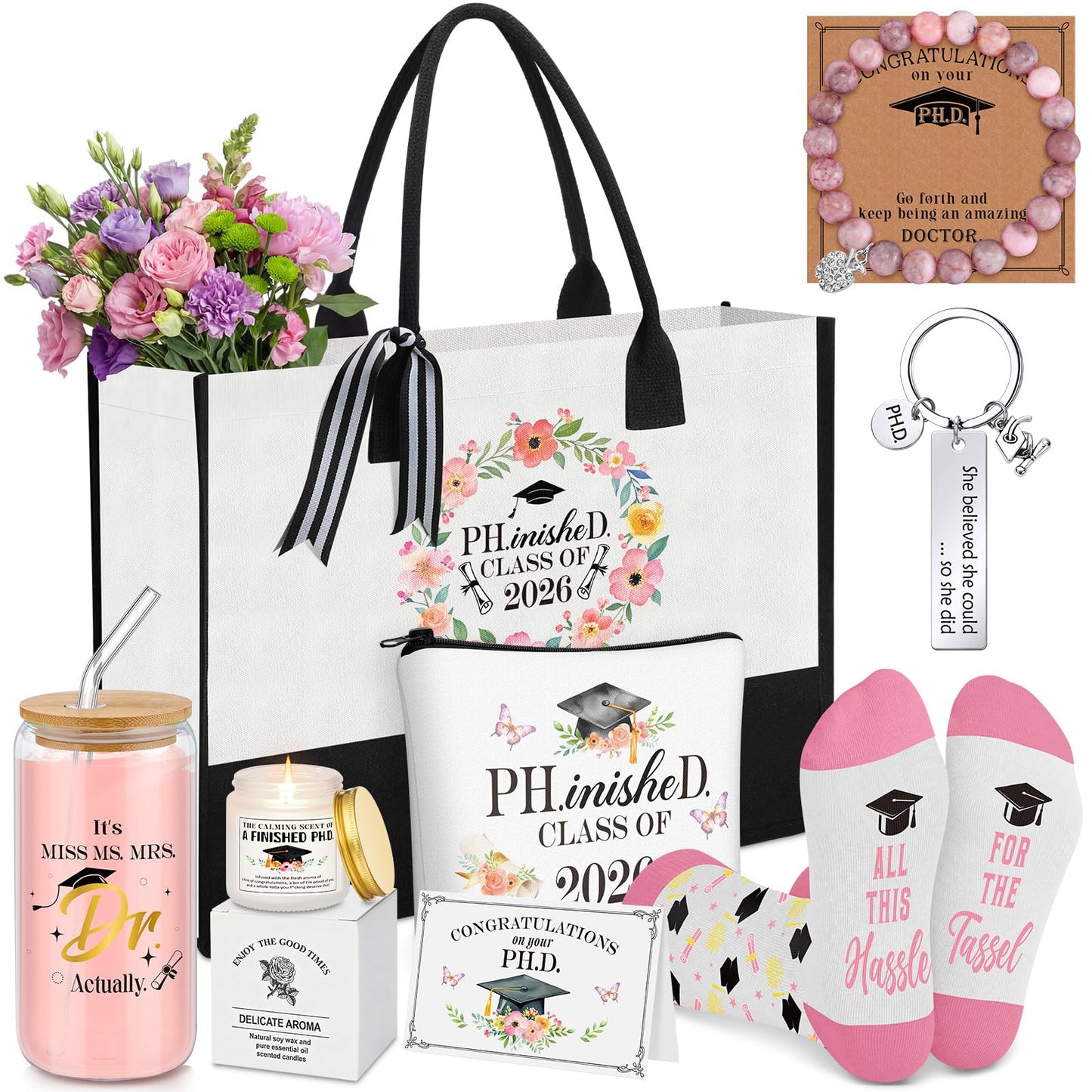 Aliceset 8 Pcs Phd Graduation Gifts for Women It's Dr Actually Gifts for Phd Doctorate Degree Class of 2026 Canvas Tote Bag Tumbler Keychain Makeup Bag Bracelet Greeting Card Scented Candle Socks