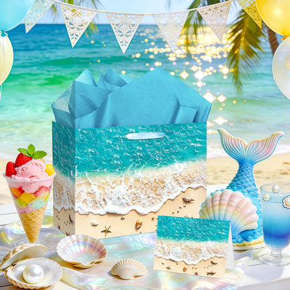 TagreSpike Beach Gift Bag with Tissue Paper and Card Summer Beach Goodie Candy Bags Seashell Blue Ocean Wave Summer Pool Party Favors Supplies for Holiday Birthday Wedding Luau Tropical Party