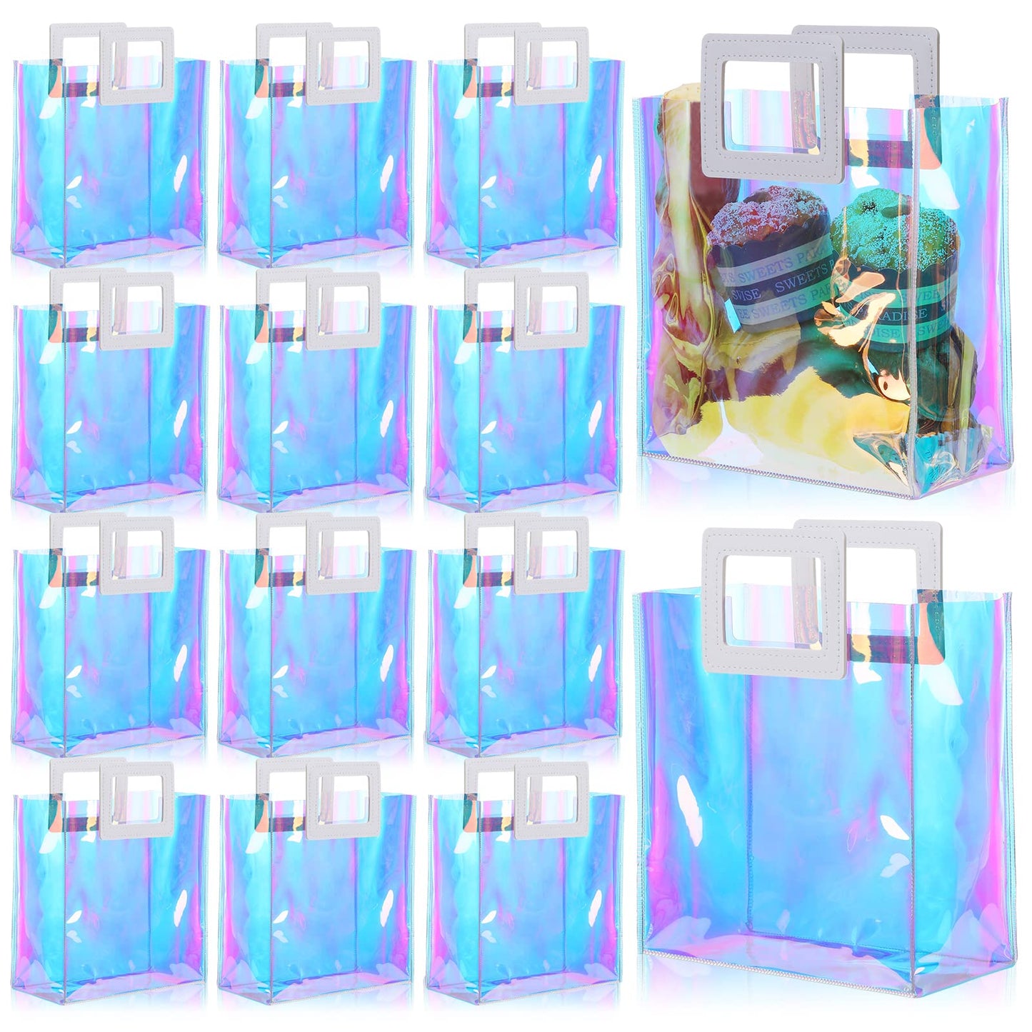 Newwiee 18 Pcs Clear Holographic Tote Bags Iridescent Reusable Gift Bag with Handles PVC Gift Wrap Bags for Party Birthday Wedding Baby Shower Bridal Holiday Graduation Shopping Travel(Classic Style)