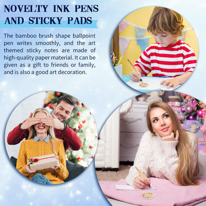 12 Sets Bamboo Paintbrush Art Sticky Notes Pen Brush Shape Ballpoint Pen Novelty Retractable Pens Painting Theme Note Pads for School Stationery Art Parties Teacher Appreciation Christmas Gift