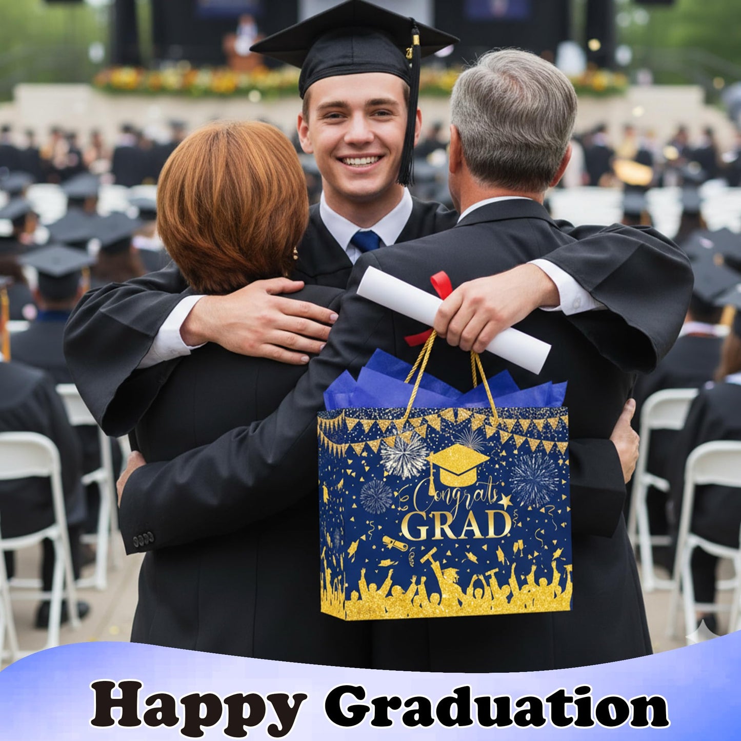Congrats Gift Bag Class of 2026 - Graduation Gift Bag Blue and Gold Congrats Grad Bags with Card Tissue Paper Envelope Congratulations Gifts Bag for Men Women Student Teacher College Graduation 12 Inch