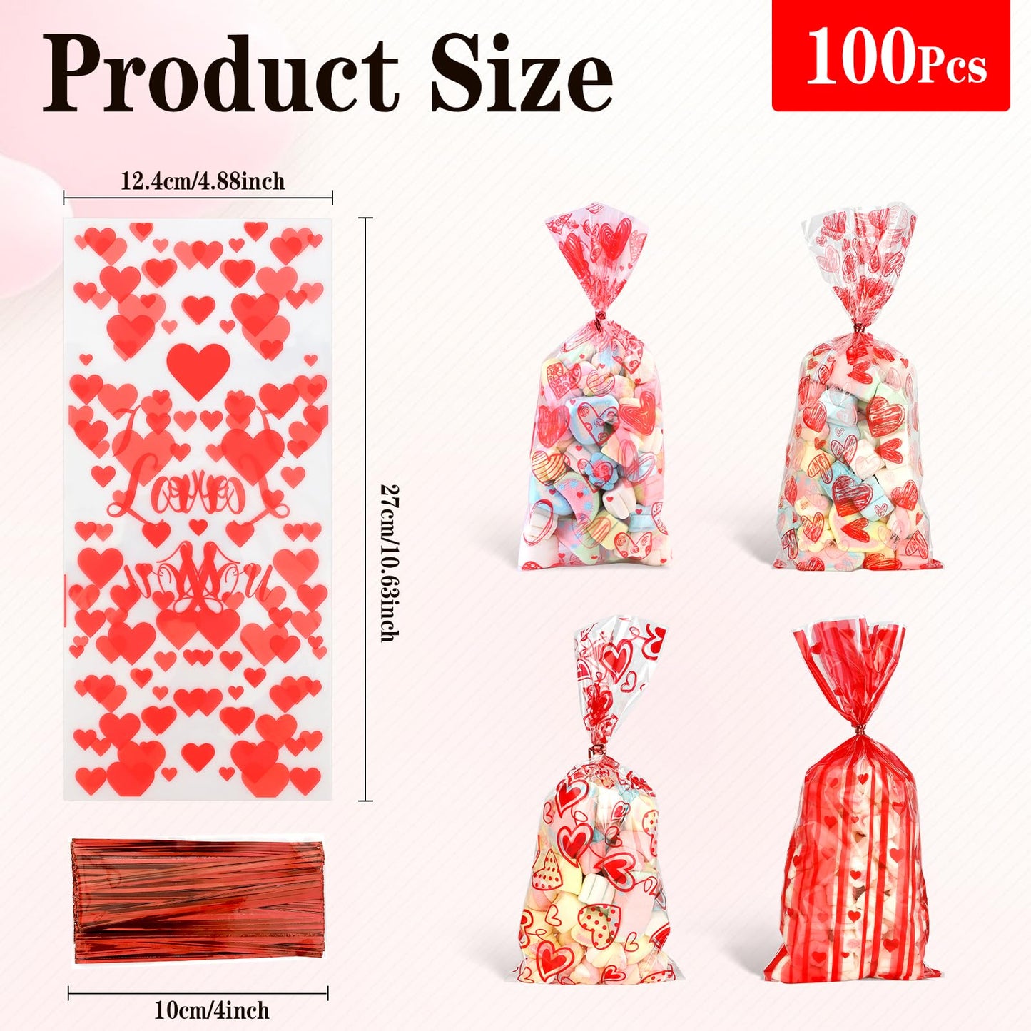 Valentine Treat Bags, 100 Pcs Valentines Cellophane Bags, Plastic Clear Red Valentine Candy Cookie Gift Goodie Snack Bag with 100 Pcs Twist Ties for Valentines Wedding Party Favor Supplies, 5 Styles