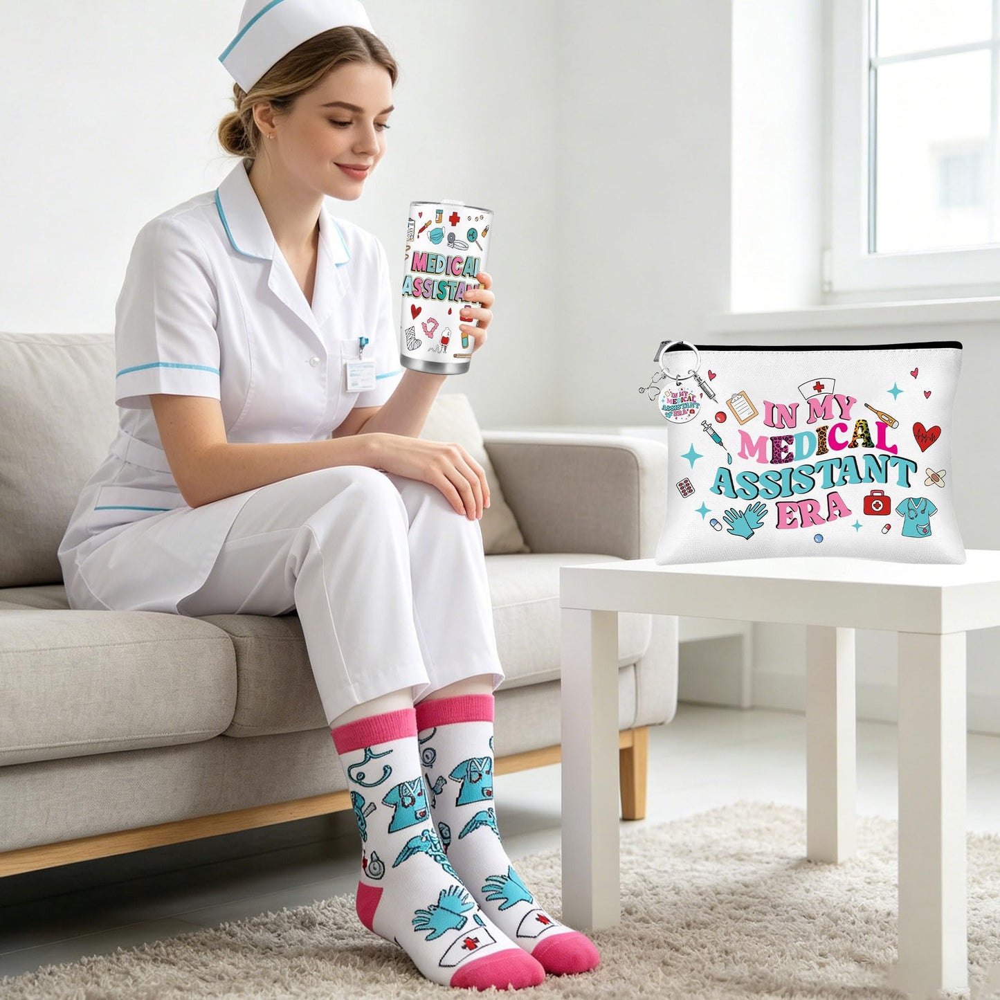 CRASHOT Medical Assistant Gifts for Women, Complete MA Gift Set with 20 oz Travel Tumbler, Makeup Bag, Socks and Professional Keychain, Healthcare Appreciation Surprise