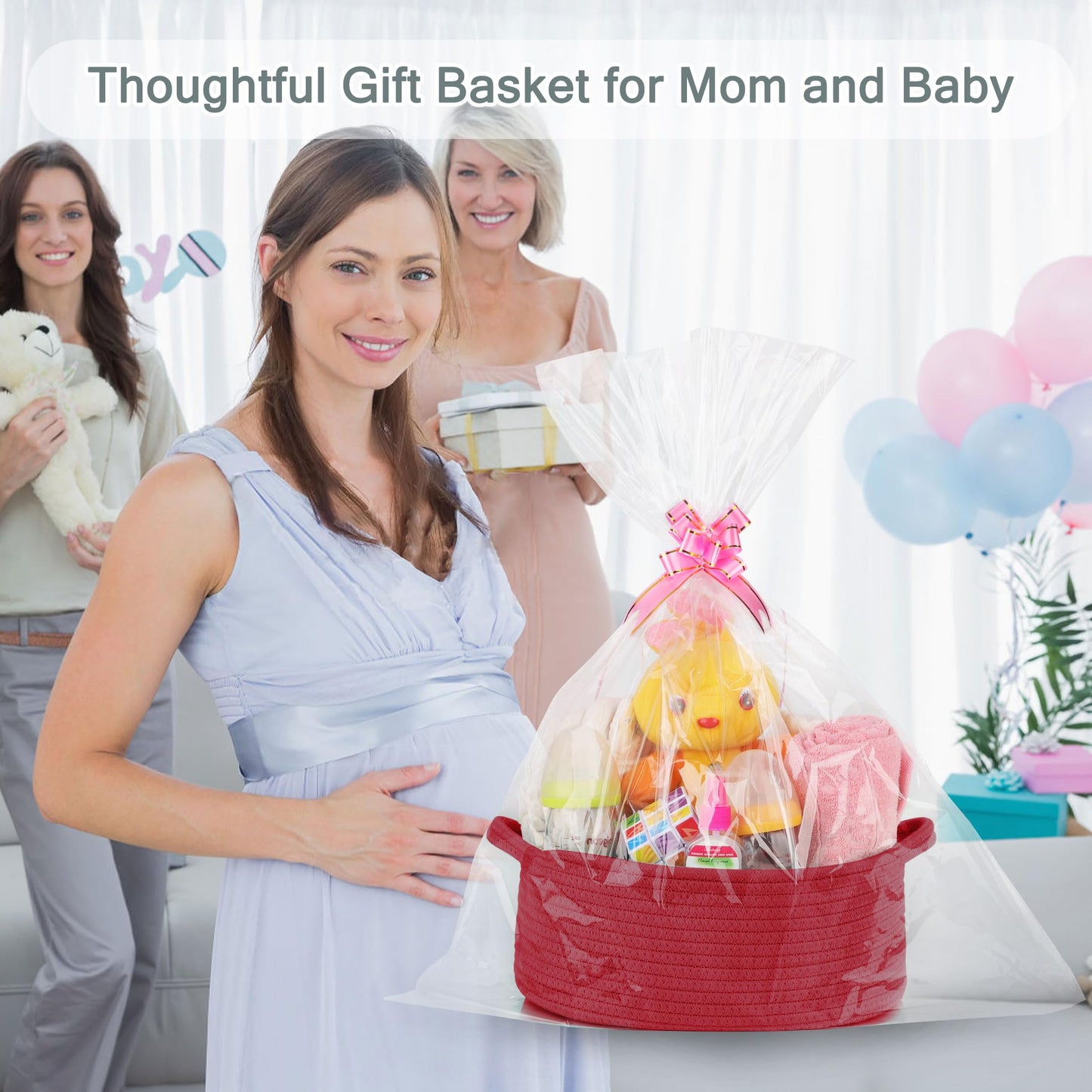 COMSE Small Woven Basket with Gift Bags and Ribbons, Gift Basket Empty, Cotton Rope Storage Organizer, Baby Toy Box with Handles, 12" x 8" x 5", Red