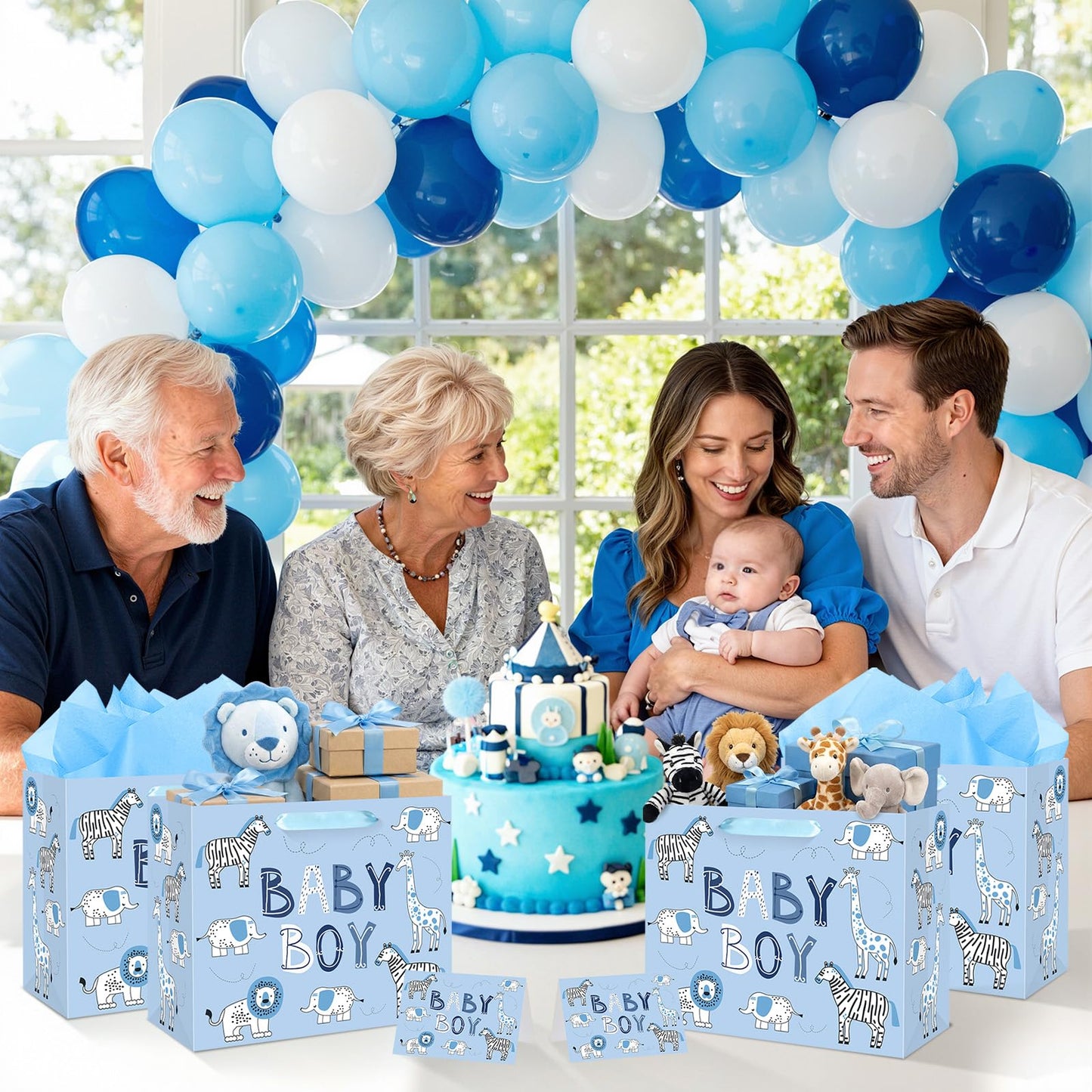 Baby Boy Gift Bag Animal Baby Shower Paper Gift Bag with Tissue Paper and Greeting Card, Blue Animal Baby Boy Birthday Wrapping Paper Bag for Kids Boys Baby Shower Birthday Party Decorations Supplies