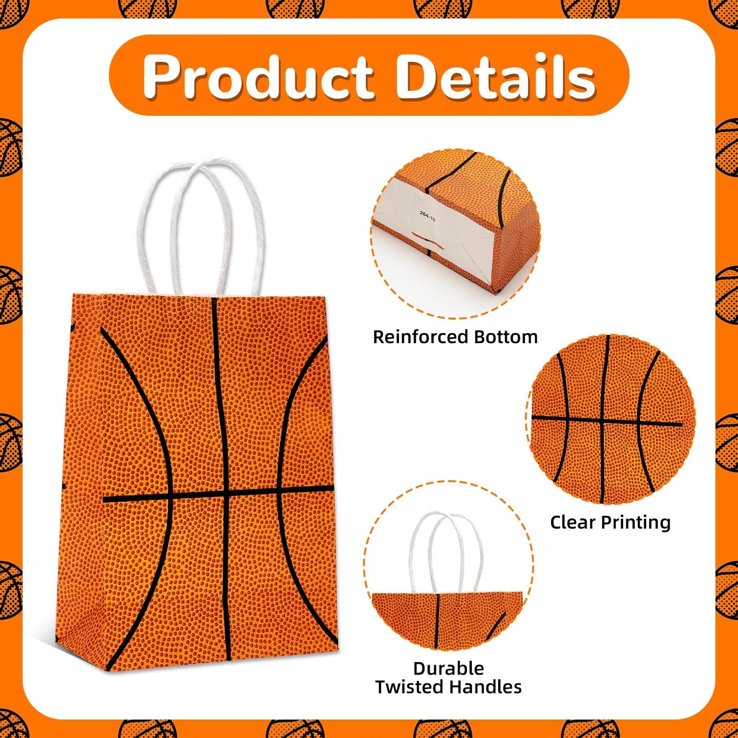 WATMTIN 18 Pcs Basketball Party Gift Bags, Basketball Pattern Gift Bag with Handle, Paper Treat Candy Goodie Bags for Basketball-Themed Party Games Sports Day Birthday Decorations Supplies