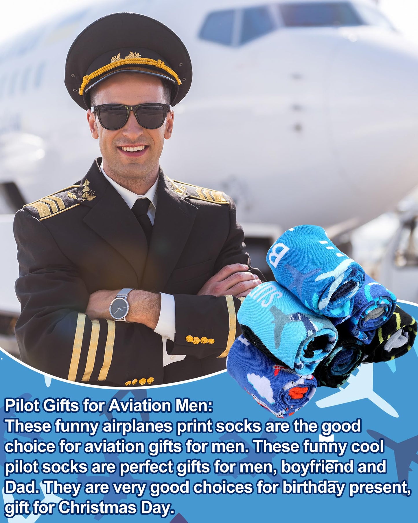 Halfchet 6 Pairs Novelty Airplane Crew Socks for Men Funny Plane Pilot Aviation Gifts for Father Day Dad Grandpa Gifts