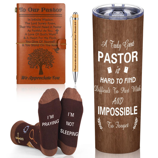 Skylety 4 Pcs Pastor Appreciation Gifts Set Pastor Refillable Journal Ordained Minister 20 oz Stainless Steel Cup Priest Socks Clergy Pen for Church Birthday Gifts