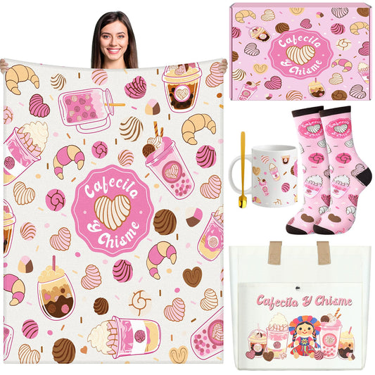 Dansydaisy Cafecito Y Chisme Gift for Women Funny Mexican Gift for Lady Birthday for Mom Sister Wife Mexican Concha Pun Blanket Socks Mug Tote Bag Set Cute(Cafecito Y Chisme)