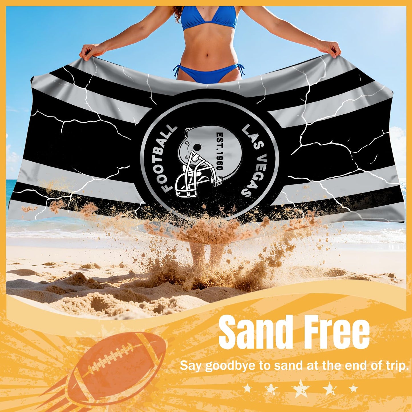 Football Fan Thin Lightweight Microfiber Beach Towel Las Vegas City Themed Large Absorbent Oversized Towels Men Women Stuff Raiders Team Dad Husband Guy Him Birthday Anniversary Cool Useful Nice Gift
