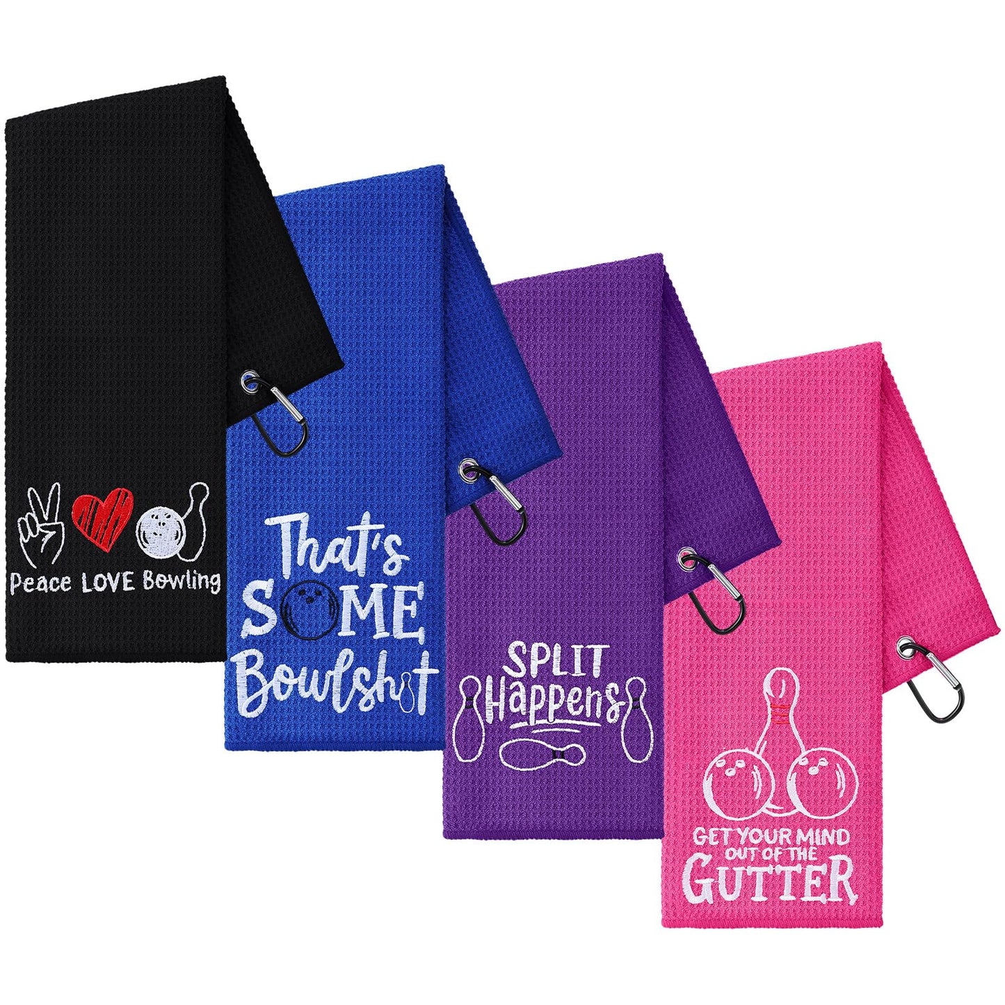 VitalCozy 4 Pcs Funny Bowling Towel Embroidered Bowling Ball Towel with 4 Grommets Absorbent Sport Ball Rag Wipes Bowl Gifts for Men Women Player Fitness Fans Birthday Mother's Day, 24 x 16 Inch