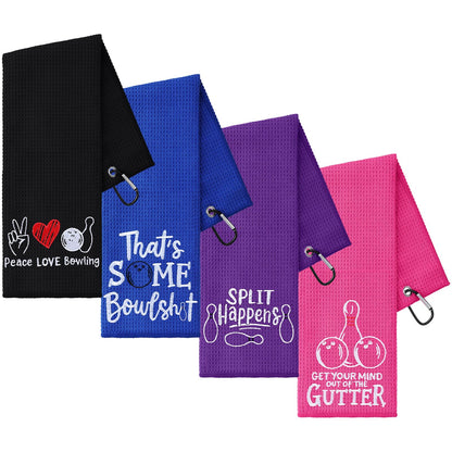 VitalCozy 4 Pcs Funny Bowling Towel Embroidered Bowling Ball Towel with 4 Grommets Absorbent Sport Ball Rag Wipes Bowl Gifts for Men Women Player Fitness Fans Birthday Mother's Day, 24 x 16 Inch