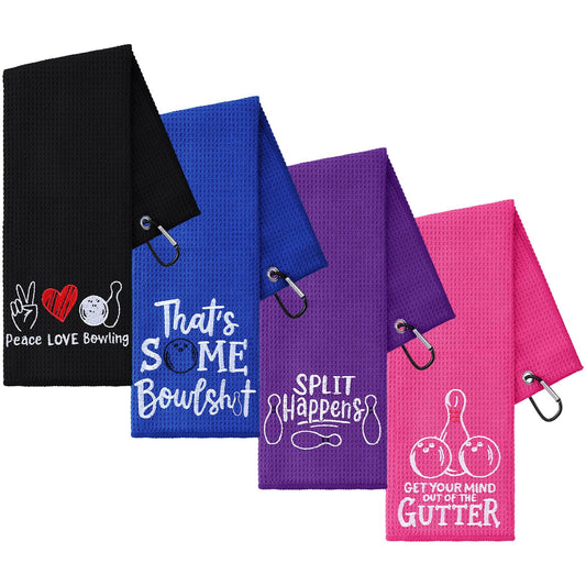 VitalCozy 4 Pcs Funny Bowling Towel Embroidered Bowling Ball Towel with 4 Grommets Absorbent Sport Ball Rag Wipes Bowl Gifts for Men Women Player Fitness Fans Birthday Mother's Day, 24 x 16 Inch