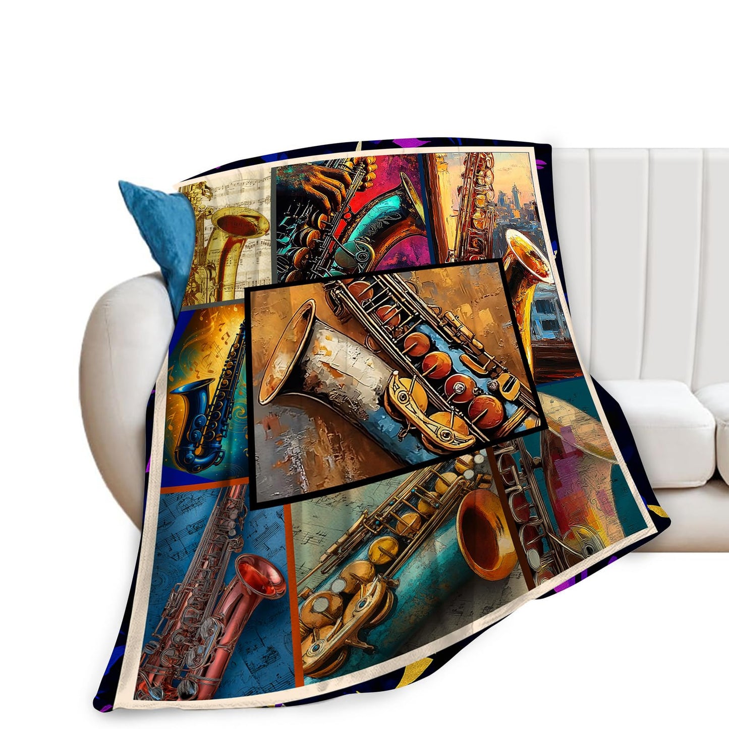 Taimeng Saxophone Throw Blanket, Sax Jazz Music Themed Blanket, Musicians Music Lovers Stuffed Fleece Cozy Flannel Warm Lightweight Blankets Gifts for Kids Teens Women Men Girls Boys 40"X50"