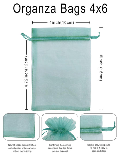 Jexila 100PCS Sheer Teal Organza Bags 4''X6' Small Mesh Drawstring Jewelry Gift Pouch for Baby Shower Wedding Party Favor Goodie Candy