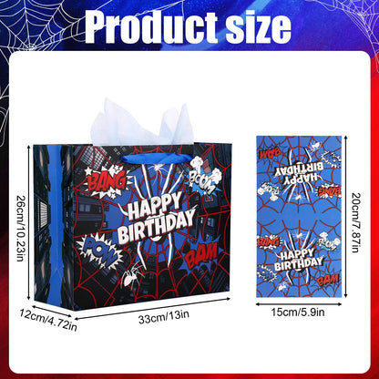 Spider Theme Party Gift Bag, Cartoon Spider Web Birthday Bag with Card & Wrapping Paper for Men Kids Birthday Party Celebration Supplies