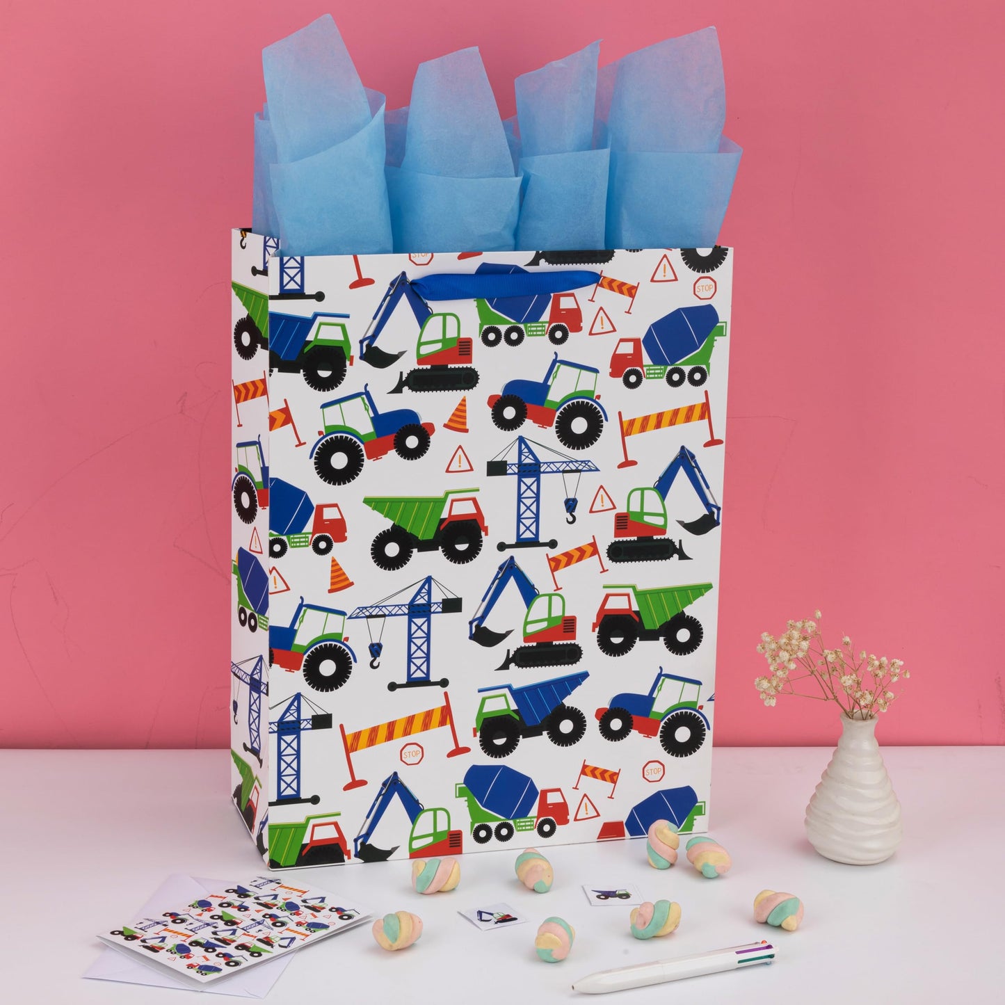 16.5" Extra Large Vehicle-themed Gift Bags Set with Greeting Card and Tissue Paper (Blue Car Design) for Boys, Kids Birthday Party, Baby boy, Baby Shower, Newborn, New Moms or Parents -10.2”x5.2”x13”,