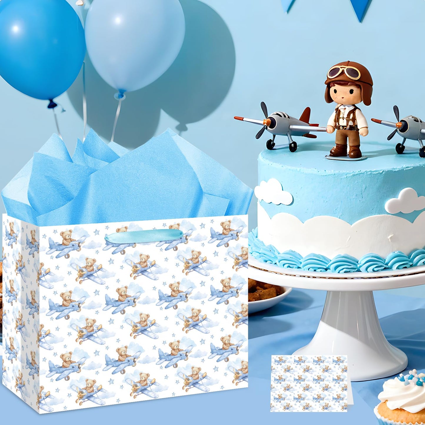 Baby Boy Gift Bag Baby Shower Bags for Boys Kids Blue Bear Wrapping Paper Bag with Handle Tissue Paper and Greeting Card for Kids Birthday Party Decorations Newborn Celebration Favors
