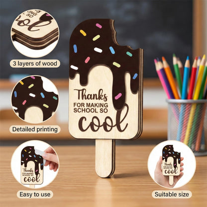 School is Cool Set 2 Pieces 3D Wooden Ice Cream Teacher Gift Card Holder, Teacher Appreciation Gift, Thank You Keepsake for Educators, End of Year & Back to School Surprise (Chocolate)