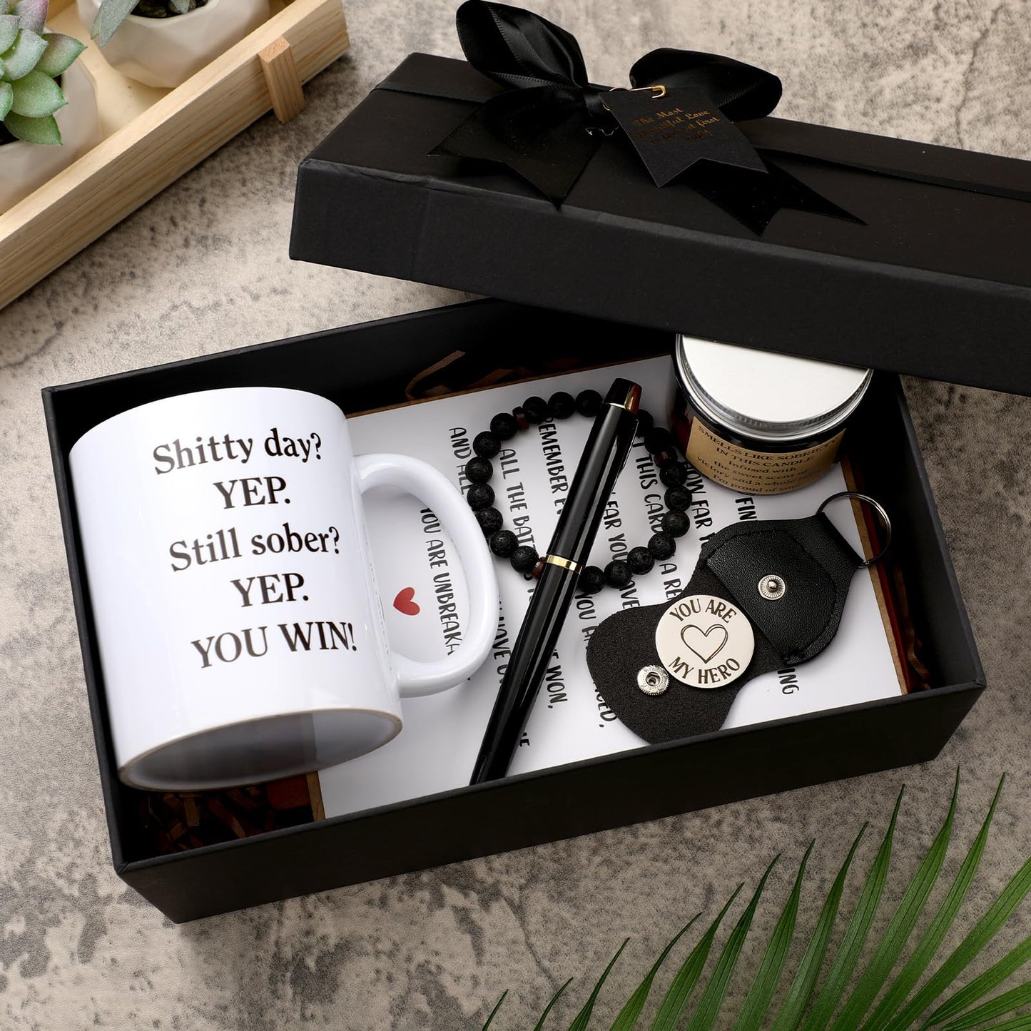 Pinkunn 7 Pcs Sobriety Gifts Set for Men Women Addiction Recovery Gifts Include Sober Mug Candle Beaded Bracelets Leather Notebook with Pen Wish Card with Envelope Gift Box for Aa Alcoholics