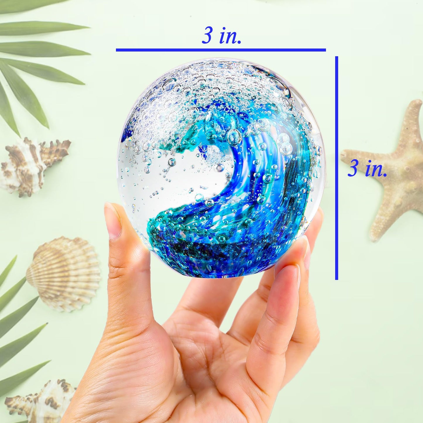 YWHL Hand Blown Ocean Decor Glass Waves Figurines Ball, Ocean Themed Gifts for Women Men, Sea Glass Decoration Collectible Figurines Paperweight for Home Office Decor