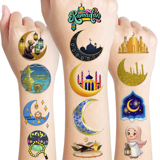 96 PCS Funny Happy Eid Al Adha Ramadan Kareem Mubarak Pre-cut Temporary Tattoos Sticker Birthday Moon Star Party Decorations Supplies Favors Boys Girl Cute Fake Tattoo School Reward Themed Festival