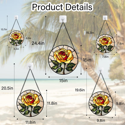 Stained Glass Window Hanging - Elegant Yellow Rose Flower Sun Catcher for Door Garden Home Decor Suncatcher Christmas Mother's Day Birthday Gifts for Women Mom Girl Nana Friend 6.3 in