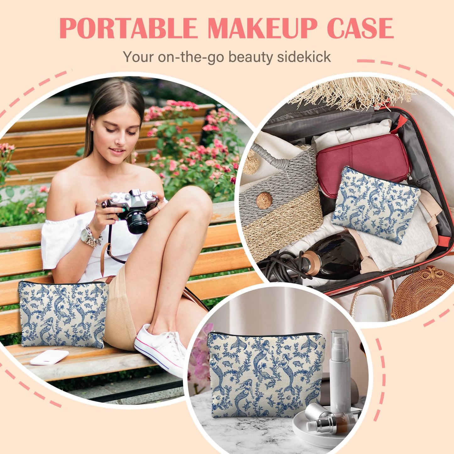 Blue Toile Mermaid Makeup Bag for Women, Mermaid Gifts for Women, Nautical Ocean Coastal Cosmetic Bag for Purse, Preppy Beachy Chinoiserie Makeup Zipper Pouch